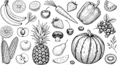 Hand drawn fruits and vegetables vector collection. Organic food sketch with tropical fruits, healthy lifestyle and natural produce.