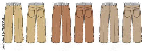 Collection of various brown and beige pants displayed flat lay on a white background, showcasing different styles and colors for apparel design