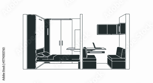 Compact modern studio apartment layout with sleeping and workspace