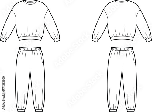 Technical sketch of sweatshirt and sweatpants, front and back view, fashion design template, casual wear illustration, garment vector drawing, clothing layout