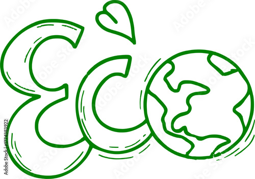 Eco earth hand drawn vector icon with leaves. Green ecology illustration symbolizing sustainability and nature care.