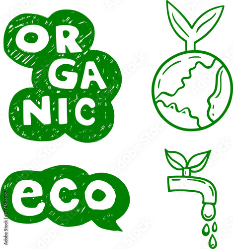 Organic eco hand drawn label vector. Green nature logo concept for eco-friendly and natural product design.