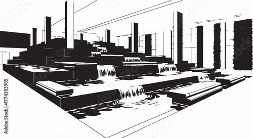 Modern architectural design featuring tiered waterfalls and geometric structures