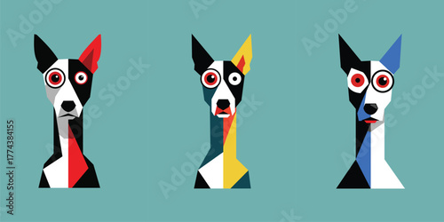 Set of three modern abstract dog portraits for t-shirt design. Geometric vector illustration of sighthounds (Greyhound).