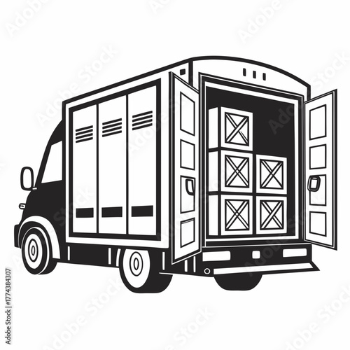 Delivery truck with open doors isolated on white