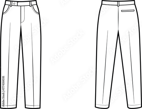 Technical sketch of trousers, front and back view, classic straight cut pants with waistband, belt loops, pockets, fashion illustration, garment design
