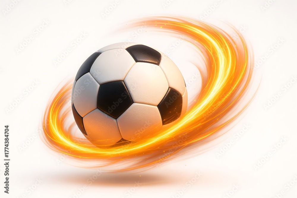 Fototapeta premium Glowing Energy Swirl Around Soccer Ball – 3D Render on White