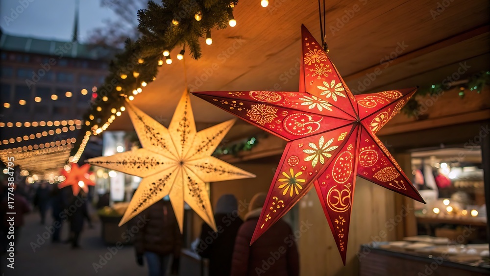 Naklejka premium Illuminated christmas stars hanging at a christmas market in germany, creating a festive atmosphere with warm light and blurred background
