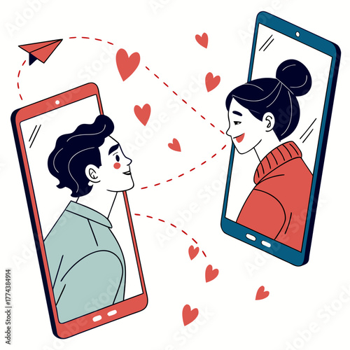 A couple in love connecting online through their smartphones