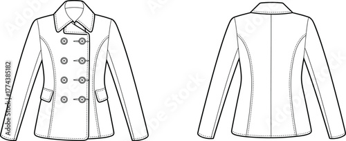 Technical sketch of women's double-breasted jacket, front and back view, fashion design template, outerwear illustration, garment vector drawing, tailored silhouette