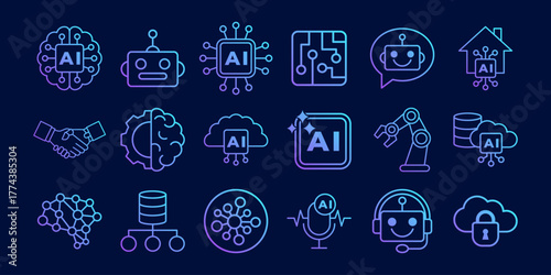 Artificial Intelligence Gradient Line Icon Bundle with Robot Automation and Neural Network Design
