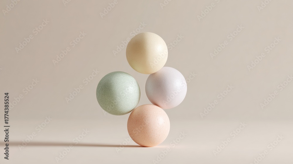 Fototapeta premium Group of five eggs arranged in a pyramid-like formation on a plain beige background. the eggs are of different colors - one is light green, one is white, and one is peach.
