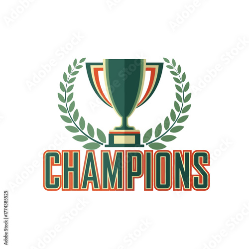 A green and orange trophy with a laurel wreath and the word CHAMPIONS below it.