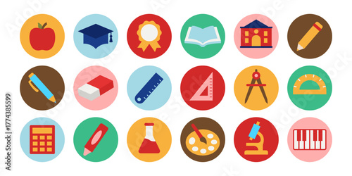 Colorful Flat Education Icon Bundle with School, Science, Art, and Learning Symbols