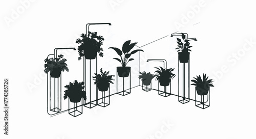 Modern minimalist arrangement of potted plants on sleek metal stands, creating a stylish indoor garden.