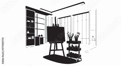 Artist's studio setup with easel, art supplies, and shelves filled with creations