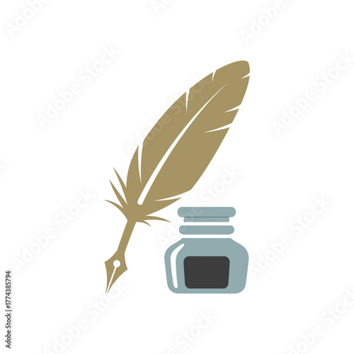 Illustration of a quill pen and inkwell on a white background.