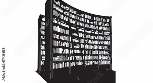 Vast, curved library shelves filled with countless books, evoking knowledge and discovery.