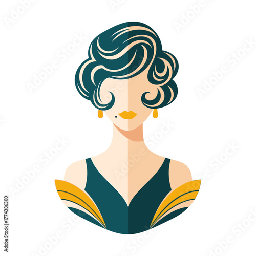 Elegant flat illustration of a vintage woman with dark wavy hair and a beauty mark, wearing a dark dress with gold accents.