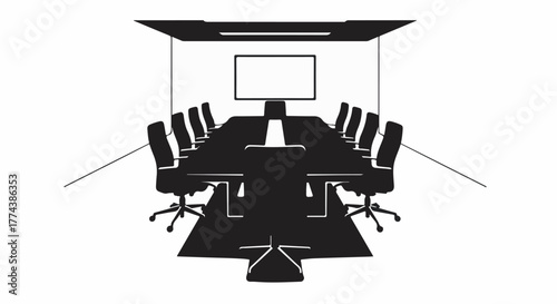 Modern boardroom with large conference table and screen, ready for a meeting.
