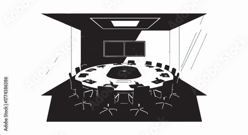 Modern conference room with large oval table and chairs, ready for a meeting.