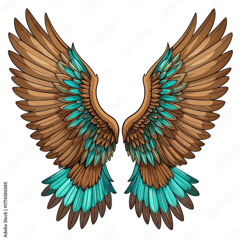 Obraz premium Stylized pair of open wings, showcasing brown and teal feathers