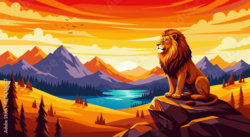 Majestic Lion Overlooking a Scenic Mountain Landscape at Sunset Illustration