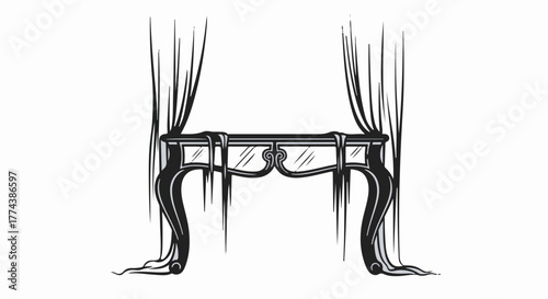 Elegant vintage table draped with flowing curtains, creating a mysterious and dramatic scene.