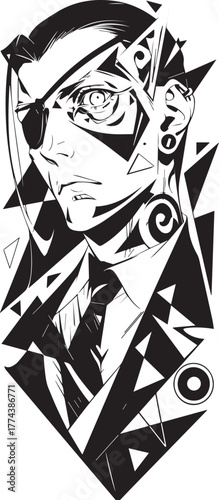 Geometric Gentleman: A stylized, monochrome illustration of a distinguished man, crafted with bold geometric shapes. His intense gaze and sophisticated attire evoke a sense of mystery and intrigue.