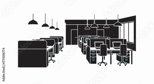 Empty modern office with cubicles and computers, ready for work.