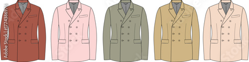Collection of men's double-breasted blazers in a variety of fashionable colors. A versatile fashion collection of stylish suit jackets as isolated vector illustrations