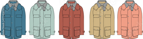 Collection of classic style men's jackets in multiple color variations. Vector illustration set of retro outerwear parkas for autumn and winter fashion concepts