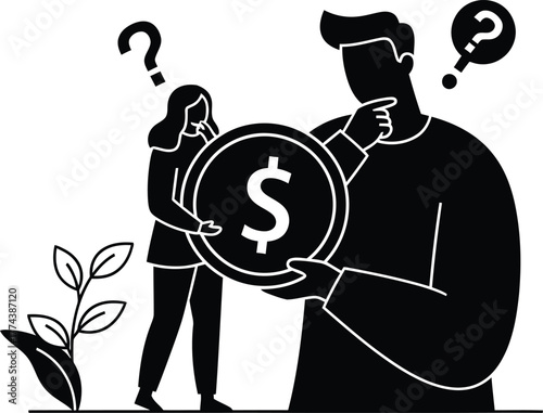 Two people contemplating a large dollar coin, symbolizing financial decisions and economic uncertainty