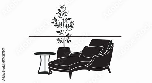 Elegant chaise lounge with potted plant and side table in a minimalist interior design