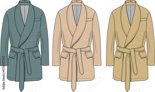 Vector illustration set of men's classic bathrobes with tie belts. Loungewear and sleepwear fashion design template in a variety of colors
