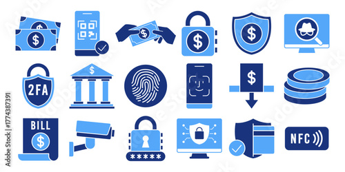 Secure Banking and Payment Flat Colored Icon Bundle with Cybersecurity and Mobile Wallet Symbols