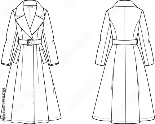 Technical trench coat fashion illustration, front and back view, belted long coat, notched lapel, flared hemline, garment sketch, vector drawing, outerwear design