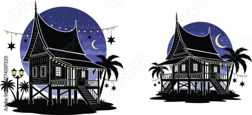 Traditional malay wooden house with intricate carvings and a steep, pointed roof, set against a starry night sky with a crescent moon and palm trees