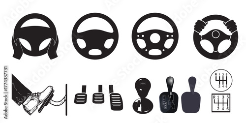 Car Steering and Gear Icons Set – Automotive Tools Vector Illustration
