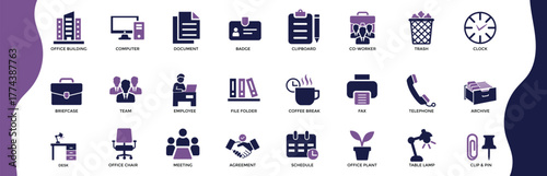 Office icon set containing briefcase, desk, computer, meeting, employee, schedule, and coworker symbols. Flat solid vector collection representing modern workplace, teamwork, and business environment.