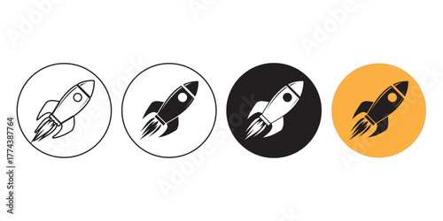 Rocket launch icon set in circular badges – minimal rocket vector symbols