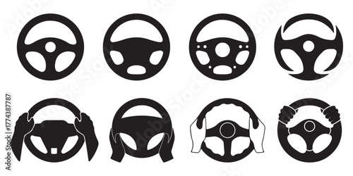 Steering Wheel Icon Set – Car Driving and Automotive Control Vector
