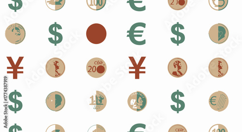 Collection of Currency Symbols and Coins Representing Global Finance.