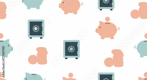Piggy banks and safes pattern, financial security and savings concept.