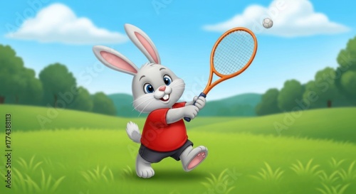 Cartoon rabbit playing tennis on a green field with clouds in the background illustration