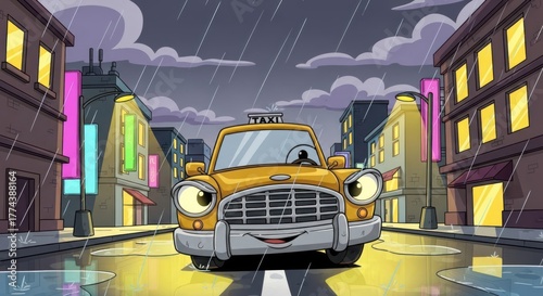 Cartoon Yellow Taxi Cab with Character Driving Through a Rainy City Street At Night