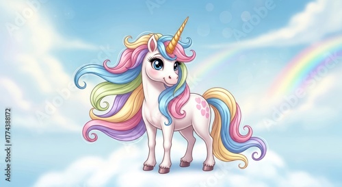 Charming Cartoon Unicorn with Rainbow Mane and Tail on a Whimsical Sky Background