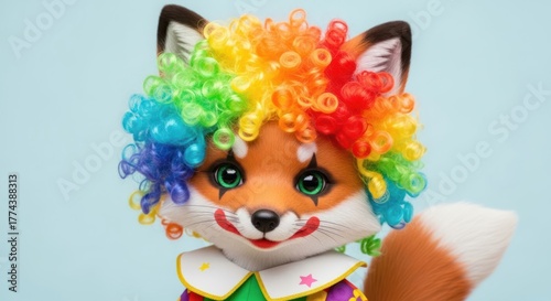 Colorful Fox Clown with Rainbow Wig on Blue Background Generative AI Image