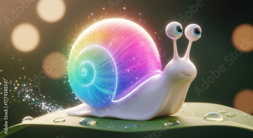 Colorful Snail with Glowing Shell on a Leaf in a Magical and Dreamy Setting