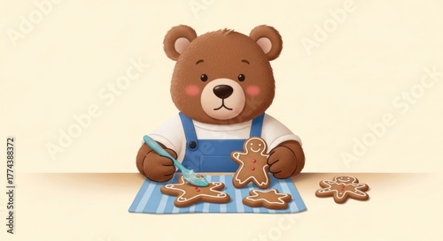 Cute bear decorating gingerbread cookies, adding icing with a spoon creating festive baking scene
